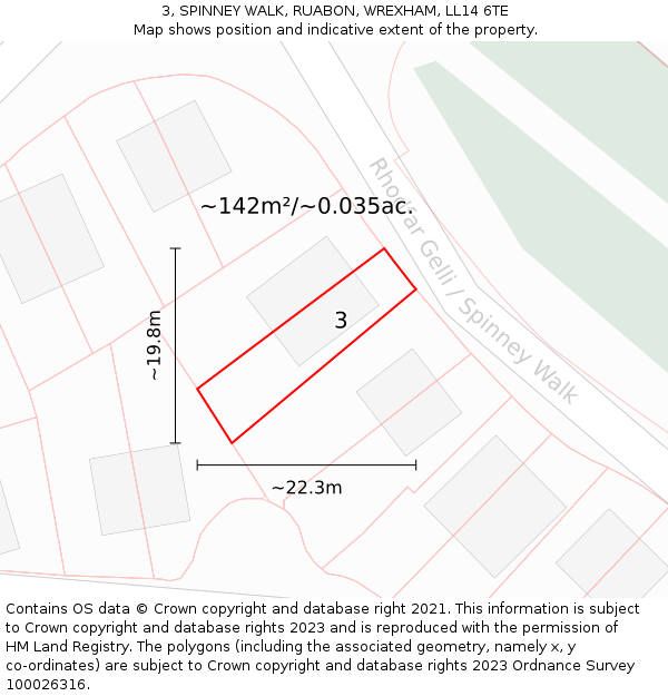 3, SPINNEY WALK, RUABON, WREXHAM, LL14 6TE: Plot and title map