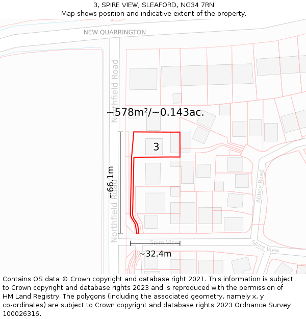 3, SPIRE VIEW, SLEAFORD, NG34 7RN: Plot and title map