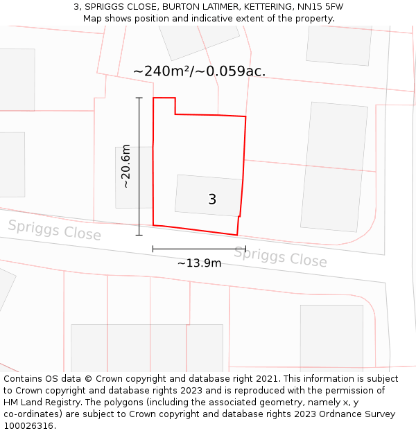 3, SPRIGGS CLOSE, BURTON LATIMER, KETTERING, NN15 5FW: Plot and title map