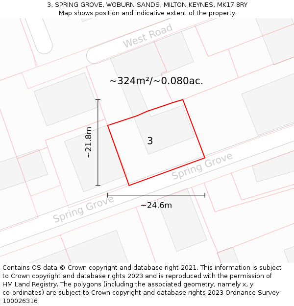 3, SPRING GROVE, WOBURN SANDS, MILTON KEYNES, MK17 8RY: Plot and title map