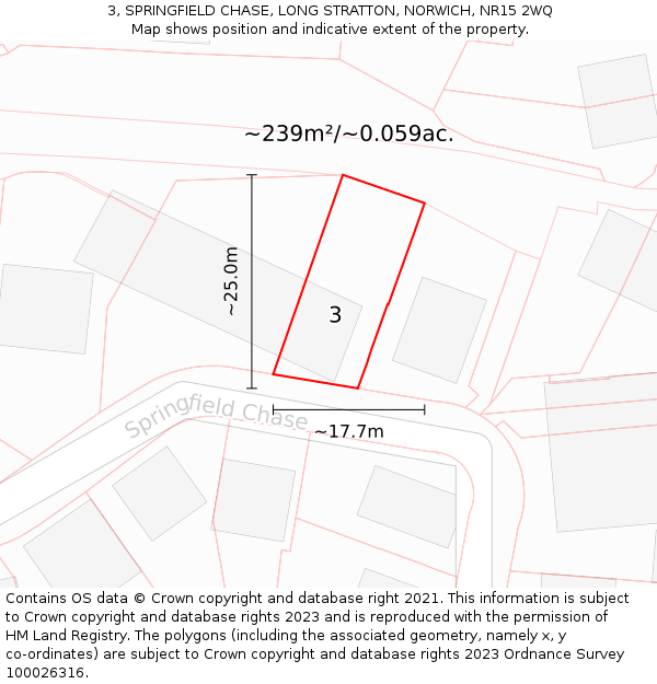 3, SPRINGFIELD CHASE, LONG STRATTON, NORWICH, NR15 2WQ: Plot and title map