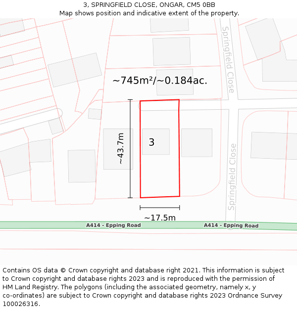 3, SPRINGFIELD CLOSE, ONGAR, CM5 0BB: Plot and title map