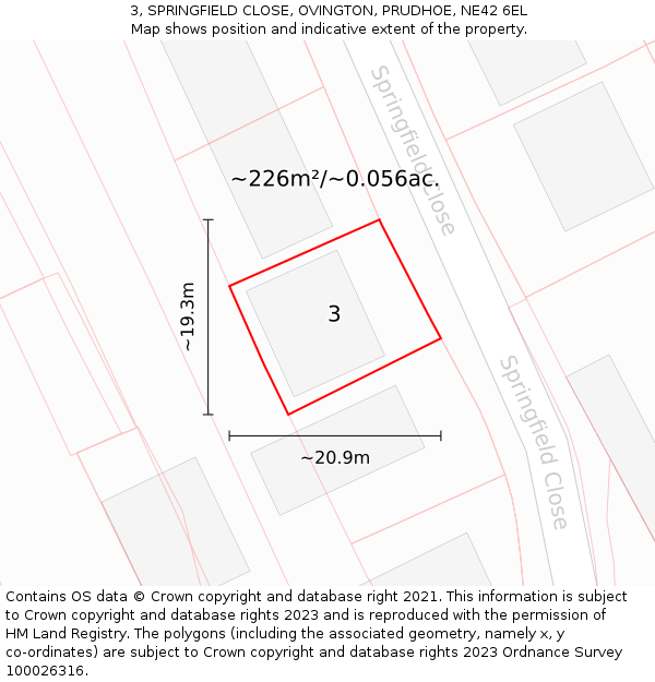 3, SPRINGFIELD CLOSE, OVINGTON, PRUDHOE, NE42 6EL: Plot and title map