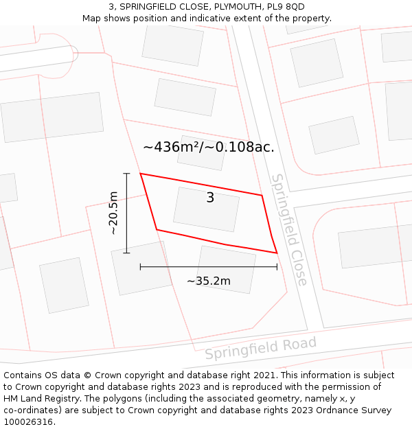 3, SPRINGFIELD CLOSE, PLYMOUTH, PL9 8QD: Plot and title map