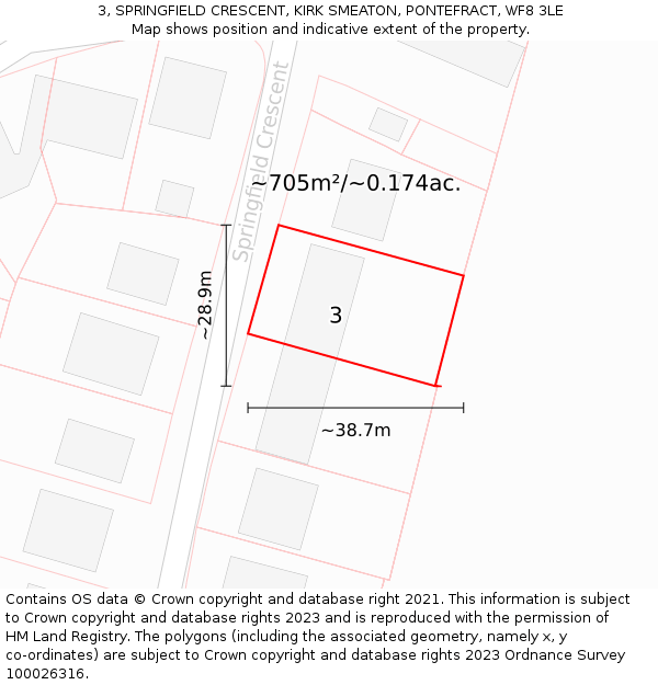 3, SPRINGFIELD CRESCENT, KIRK SMEATON, PONTEFRACT, WF8 3LE: Plot and title map