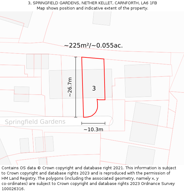 3, SPRINGFIELD GARDENS, NETHER KELLET, CARNFORTH, LA6 1FB: Plot and title map