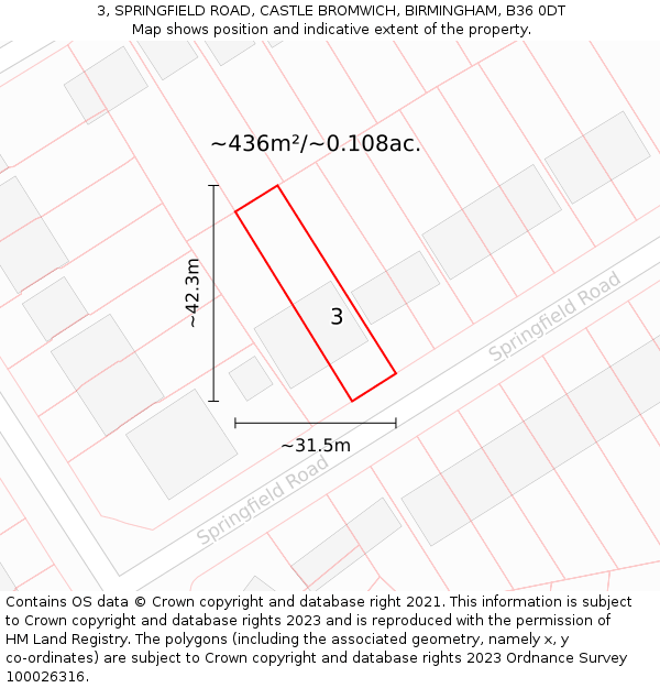 3, SPRINGFIELD ROAD, CASTLE BROMWICH, BIRMINGHAM, B36 0DT: Plot and title map