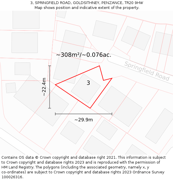 3, SPRINGFIELD ROAD, GOLDSITHNEY, PENZANCE, TR20 9HW: Plot and title map