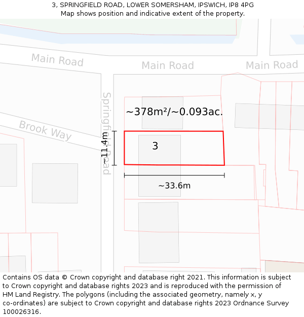 3, SPRINGFIELD ROAD, LOWER SOMERSHAM, IPSWICH, IP8 4PG: Plot and title map
