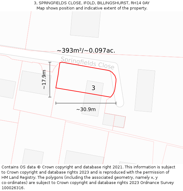 3, SPRINGFIELDS CLOSE, IFOLD, BILLINGSHURST, RH14 0AY: Plot and title map