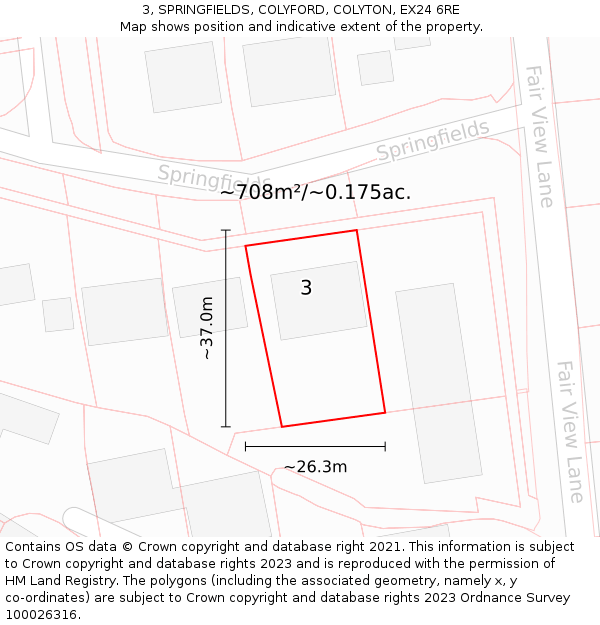 3, SPRINGFIELDS, COLYFORD, COLYTON, EX24 6RE: Plot and title map