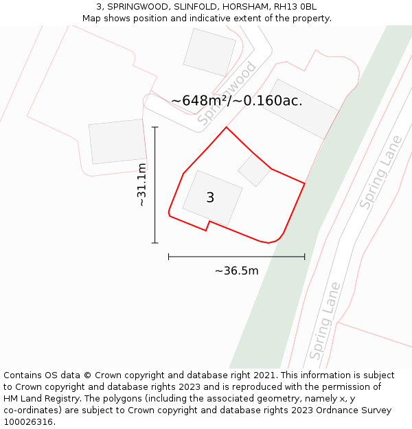 3, SPRINGWOOD, SLINFOLD, HORSHAM, RH13 0BL: Plot and title map