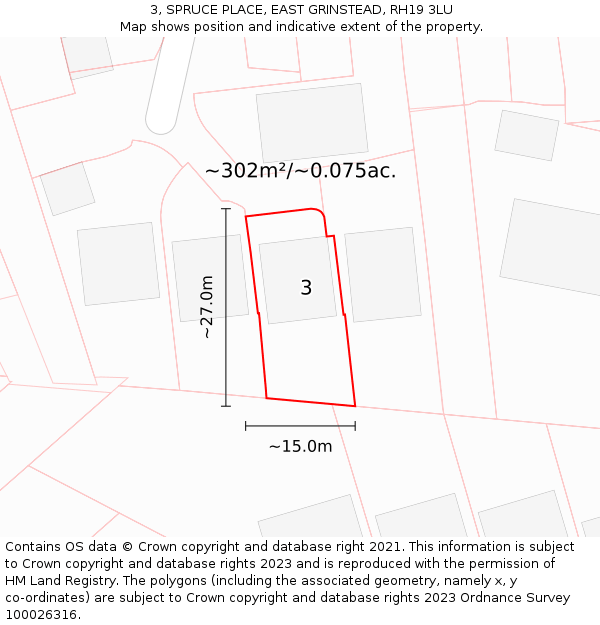 3, SPRUCE PLACE, EAST GRINSTEAD, RH19 3LU: Plot and title map