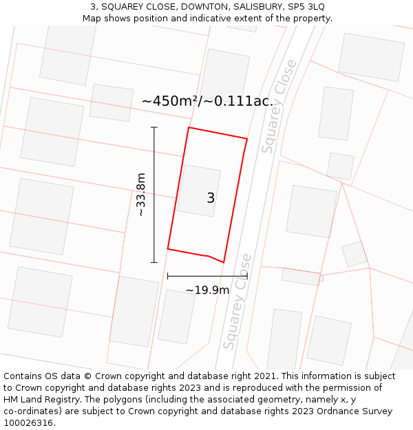 3, SQUAREY CLOSE, DOWNTON, SALISBURY, SP5 3LQ: Plot and title map