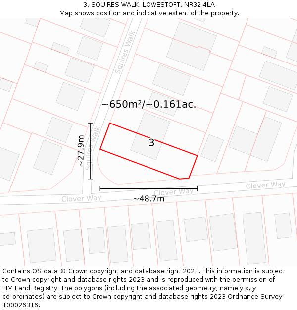 3, SQUIRES WALK, LOWESTOFT, NR32 4LA: Plot and title map