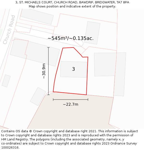 3, ST. MICHAELS COURT, CHURCH ROAD, BAWDRIP, BRIDGWATER, TA7 8PA: Plot and title map