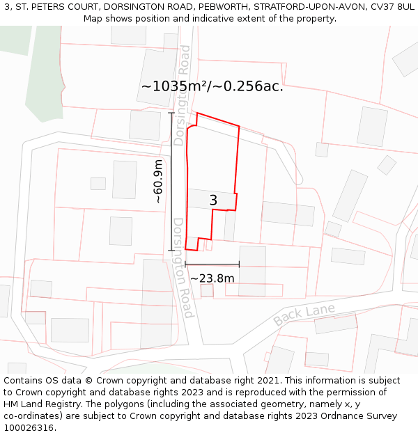 3, ST. PETERS COURT, DORSINGTON ROAD, PEBWORTH, STRATFORD-UPON-AVON, CV37 8UL: Plot and title map