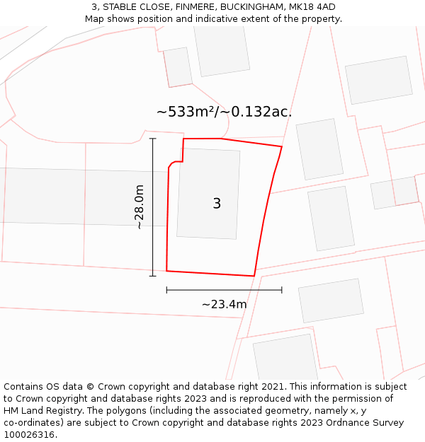 3, STABLE CLOSE, FINMERE, BUCKINGHAM, MK18 4AD: Plot and title map