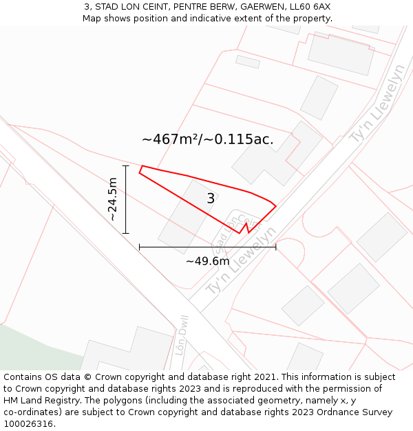 3, STAD LON CEINT, PENTRE BERW, GAERWEN, LL60 6AX: Plot and title map