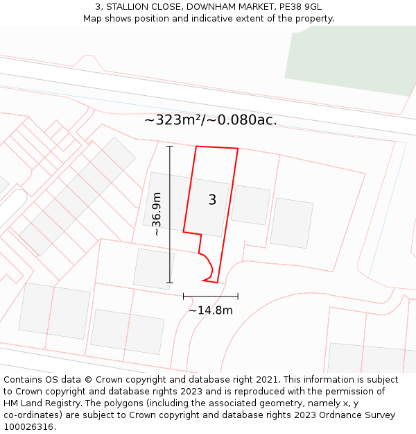 3, STALLION CLOSE, DOWNHAM MARKET, PE38 9GL: Plot and title map