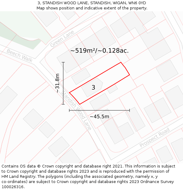 3, STANDISH WOOD LANE, STANDISH, WIGAN, WN6 0YD: Plot and title map