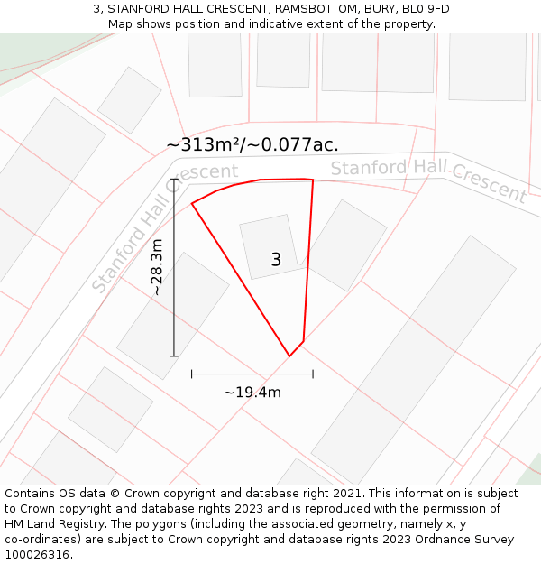 3, STANFORD HALL CRESCENT, RAMSBOTTOM, BURY, BL0 9FD: Plot and title map