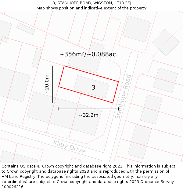 3, STANHOPE ROAD, WIGSTON, LE18 3SJ: Plot and title map