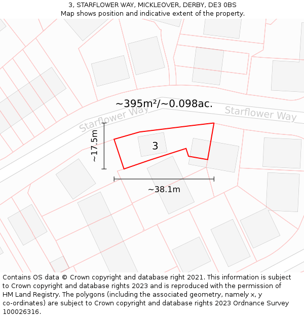 3, STARFLOWER WAY, MICKLEOVER, DERBY, DE3 0BS: Plot and title map