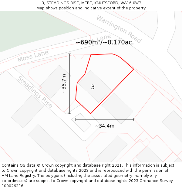 3, STEADINGS RISE, MERE, KNUTSFORD, WA16 0WB: Plot and title map