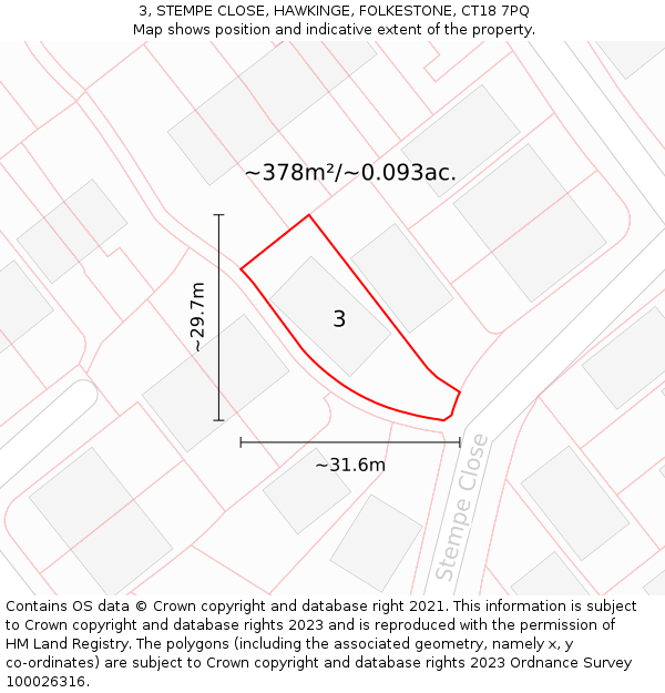 3, STEMPE CLOSE, HAWKINGE, FOLKESTONE, CT18 7PQ: Plot and title map