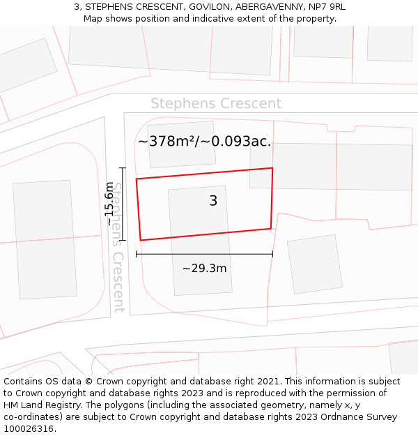 3, STEPHENS CRESCENT, GOVILON, ABERGAVENNY, NP7 9RL: Plot and title map