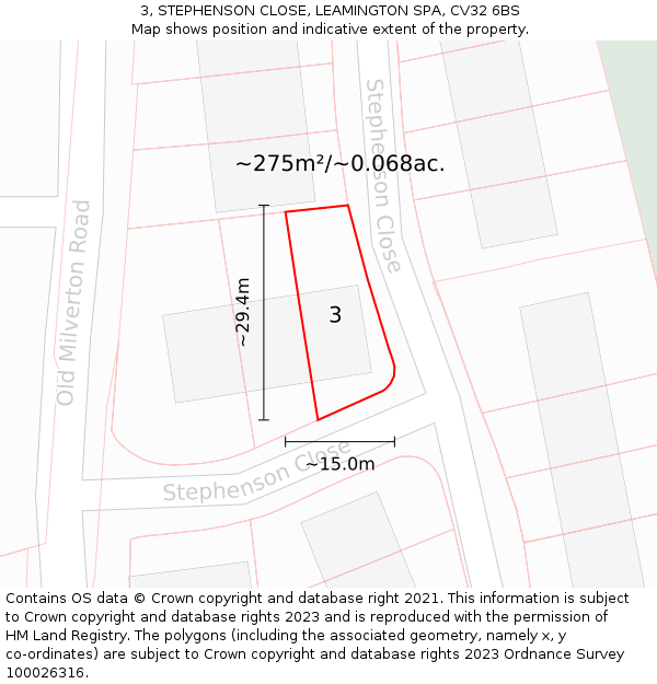 3, STEPHENSON CLOSE, LEAMINGTON SPA, CV32 6BS: Plot and title map