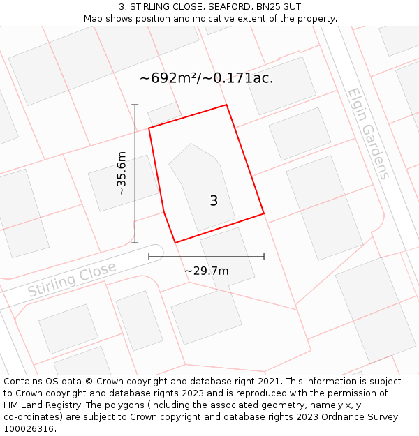 3, STIRLING CLOSE, SEAFORD, BN25 3UT: Plot and title map