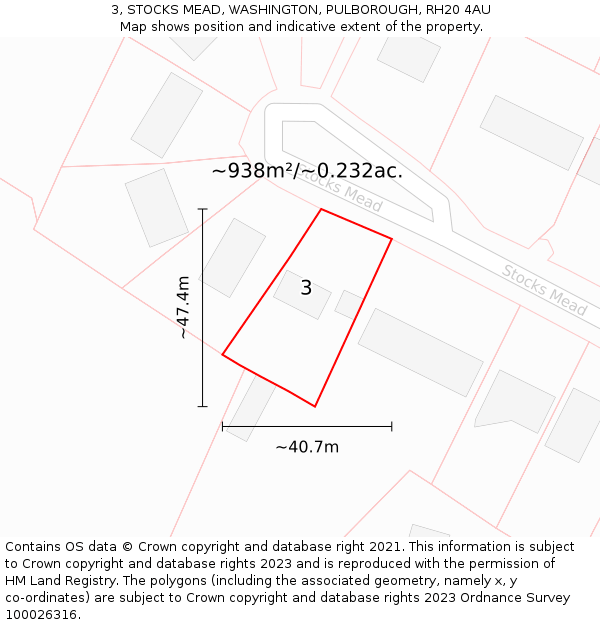 3, STOCKS MEAD, WASHINGTON, PULBOROUGH, RH20 4AU: Plot and title map