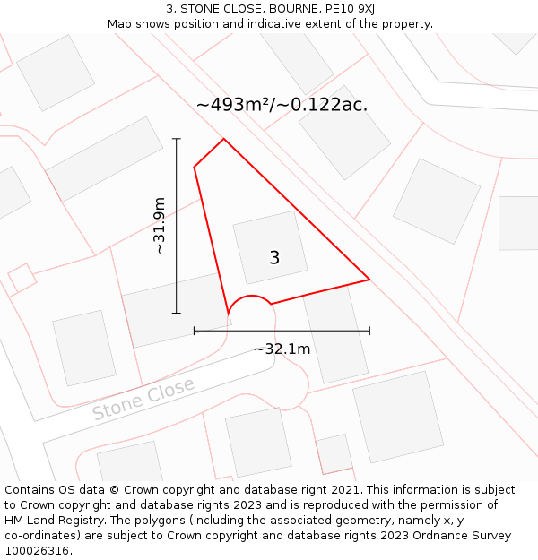 3, STONE CLOSE, BOURNE, PE10 9XJ: Plot and title map