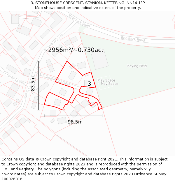 3, STONEHOUSE CRESCENT, STANION, KETTERING, NN14 1FP: Plot and title map