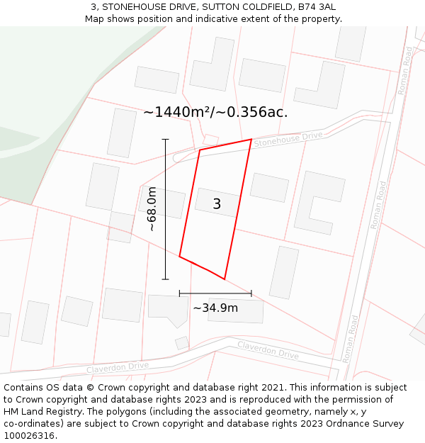 3, STONEHOUSE DRIVE, SUTTON COLDFIELD, B74 3AL: Plot and title map