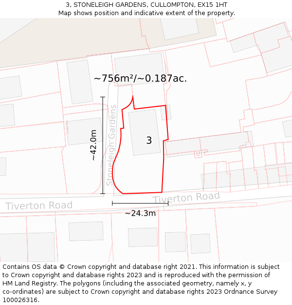 3, STONELEIGH GARDENS, CULLOMPTON, EX15 1HT: Plot and title map