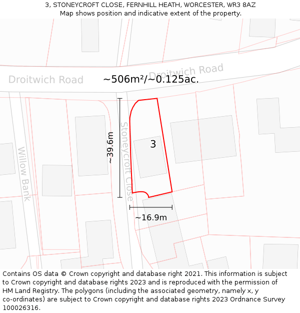3, STONEYCROFT CLOSE, FERNHILL HEATH, WORCESTER, WR3 8AZ: Plot and title map