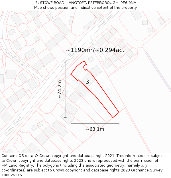3, STOWE ROAD, LANGTOFT, PETERBOROUGH, PE6 9NA: Plot and title map