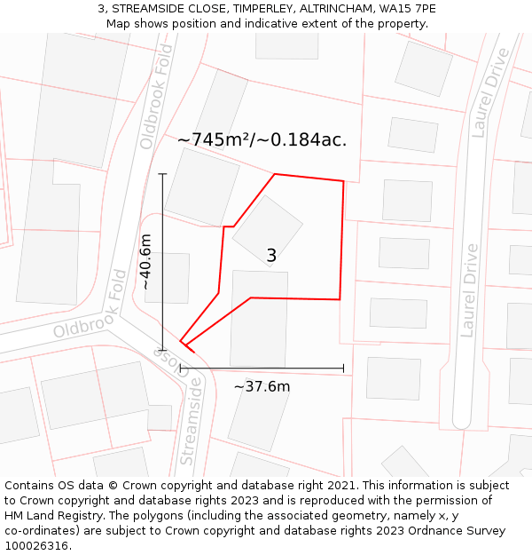 3, STREAMSIDE CLOSE, TIMPERLEY, ALTRINCHAM, WA15 7PE: Plot and title map