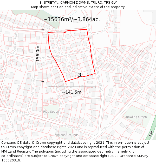3, STRETYN, CARNON DOWNS, TRURO, TR3 6LY: Plot and title map