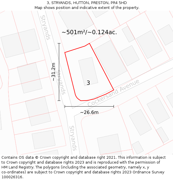 3, STRYANDS, HUTTON, PRESTON, PR4 5HD: Plot and title map