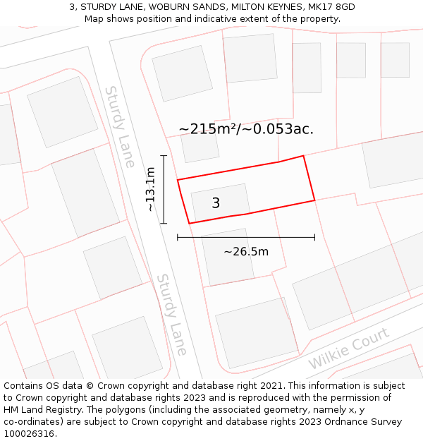 3, STURDY LANE, WOBURN SANDS, MILTON KEYNES, MK17 8GD: Plot and title map