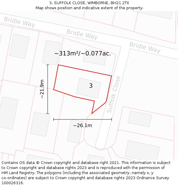 3, SUFFOLK CLOSE, WIMBORNE, BH21 2TX: Plot and title map