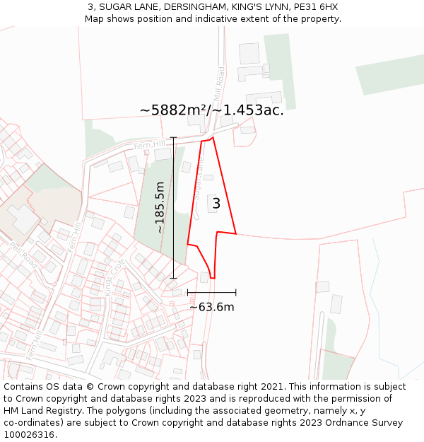 3, SUGAR LANE, DERSINGHAM, KING'S LYNN, PE31 6HX: Plot and title map