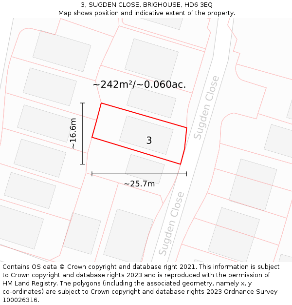 3, SUGDEN CLOSE, BRIGHOUSE, HD6 3EQ: Plot and title map