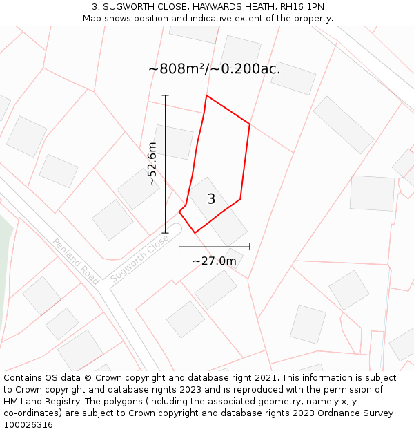 3, SUGWORTH CLOSE, HAYWARDS HEATH, RH16 1PN: Plot and title map
