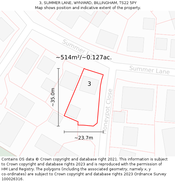 3, SUMMER LANE, WYNYARD, BILLINGHAM, TS22 5PY: Plot and title map