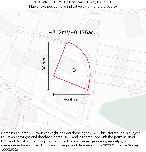 3, SUMMERFIELDS, FINDON, WORTHING, BN14 0TU: Plot and title map